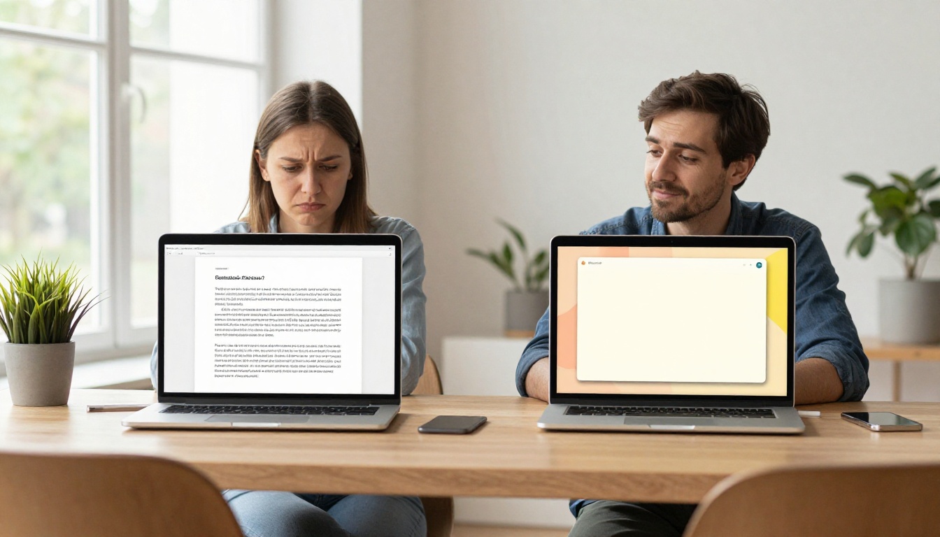 Two photographers side by side comparing a PDF on one laptop and a vibrant flipbook on another in a modern workspace Two photographers side by side comparing a PDF on one laptop and a vibrant flipbook on another in a modern workspace