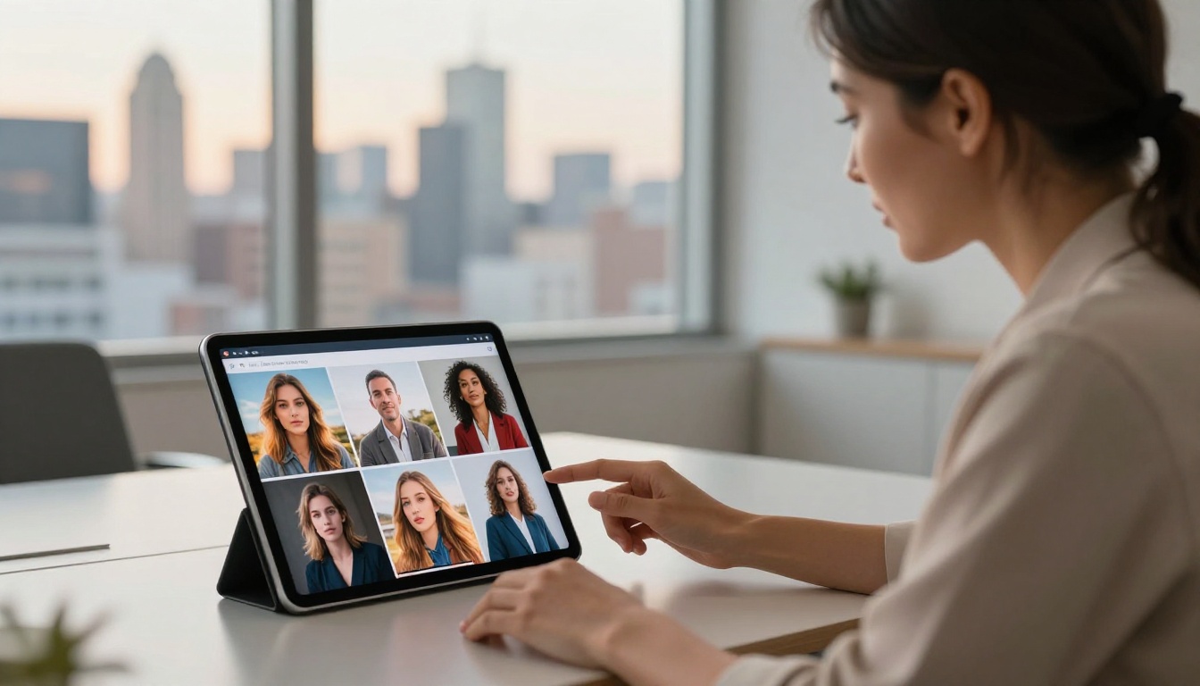 Photographer presenting a digital flipbook portfolio on an iPad to an engaged client in a bright modern office with city skyline Photographer presenting a digital flipbook portfolio on an iPad to an engaged client in a bright modern office with city skyline