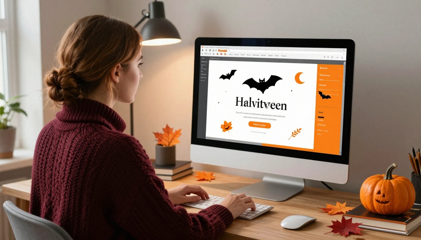 Woman designing Halloween invitations at a modern home office desk