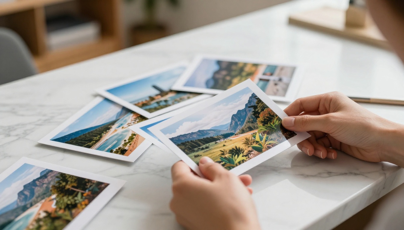 Hands organizing printed photos on a white marble countertop, arranging a collection of landscape images