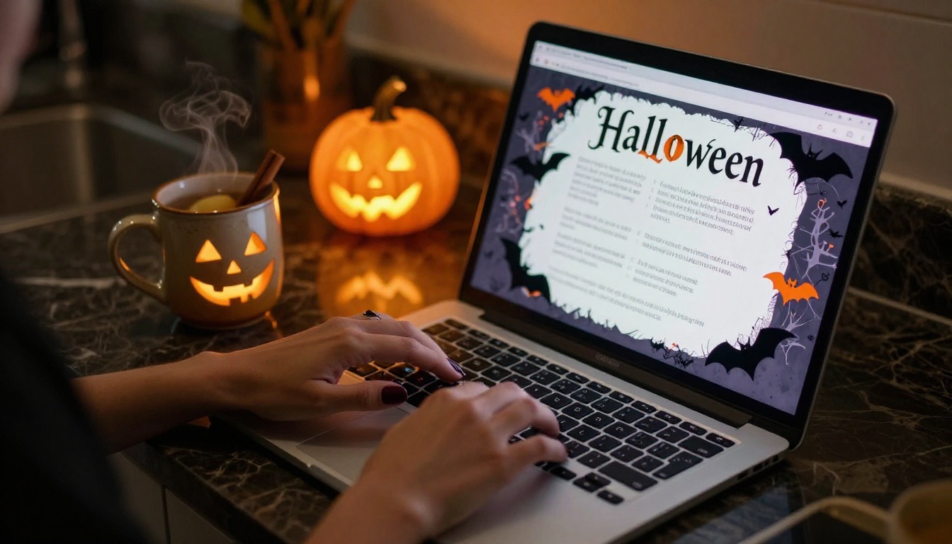 Woman at laptop customizing Halloween flipbook invitation late at night