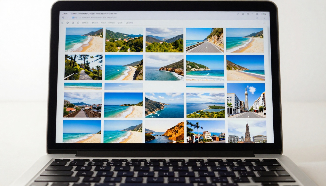 Overhead aerial view of a laptop screen showing a grid of JPG thumbnails in a file browser folder