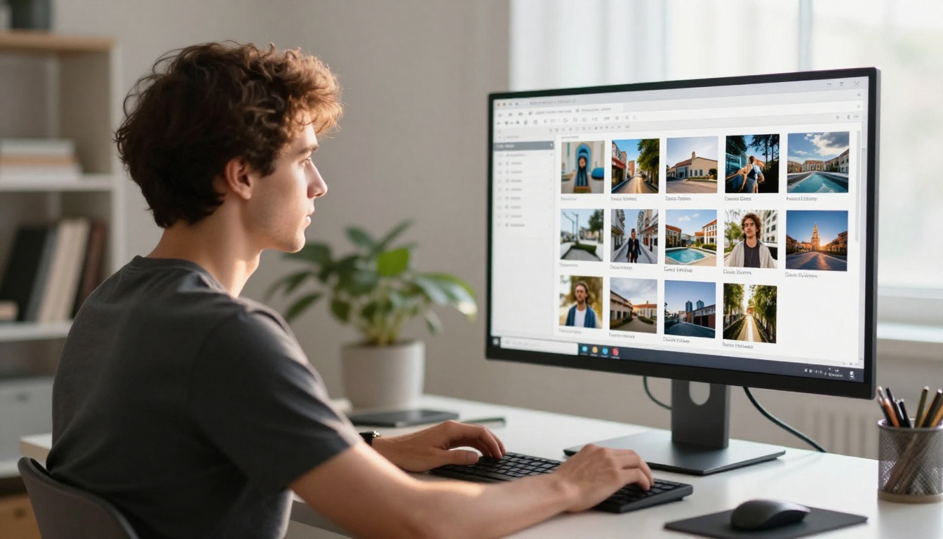 Man at a minimalist home office desk looking at a monitor displaying photo organizing software with image thumbnails