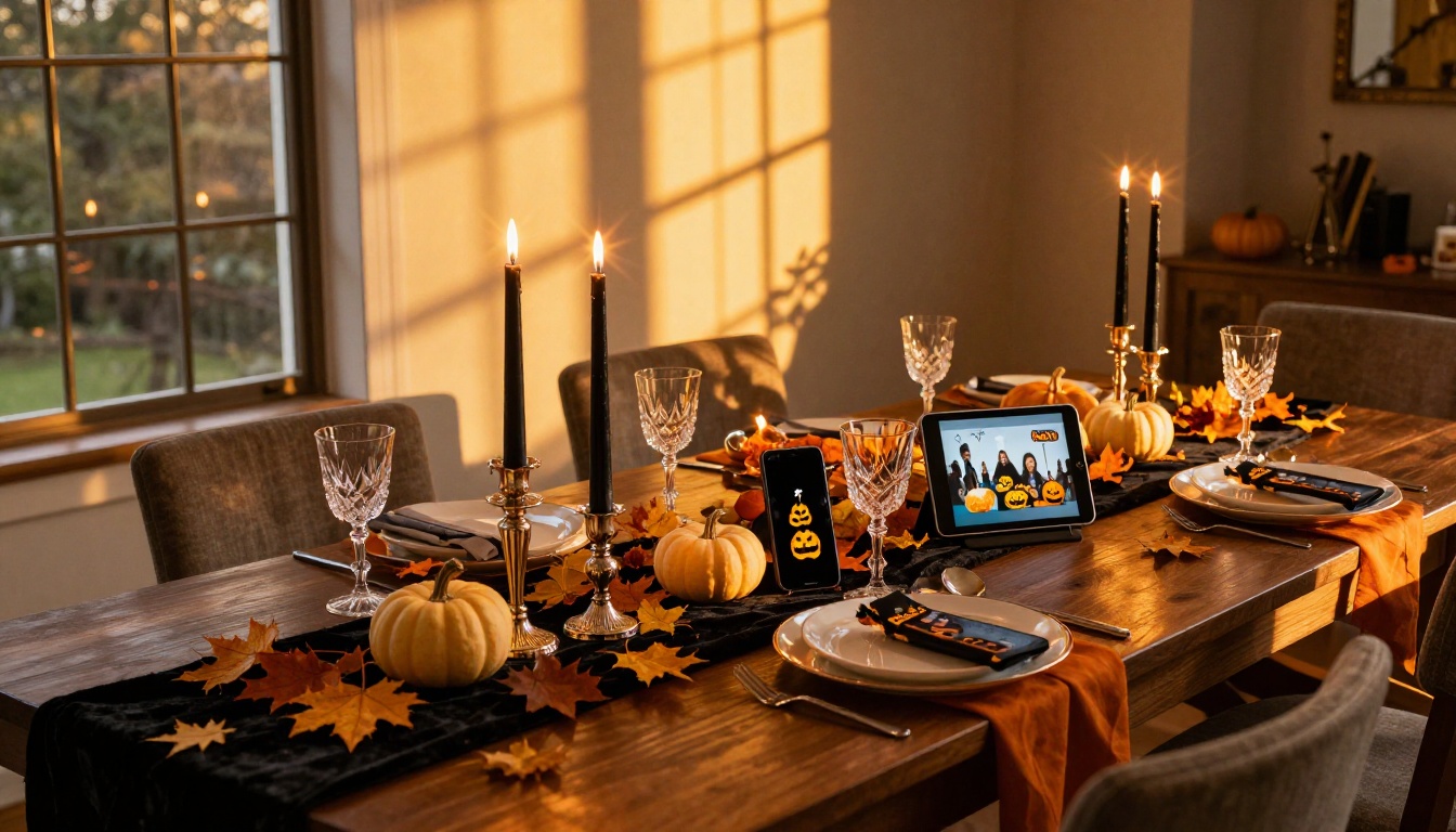 Beautifully decorated Halloween party table with flipbook invites displayed on devices