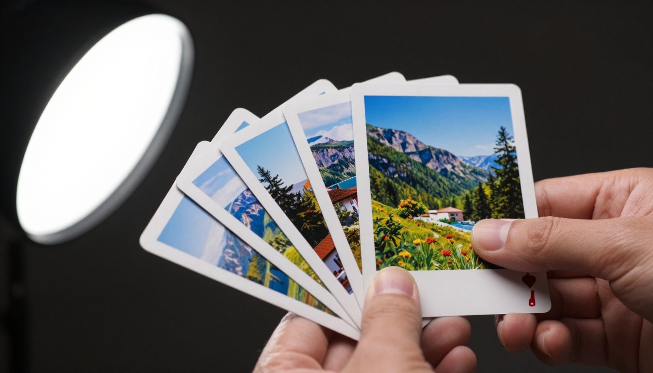 Printed photos fanned out like a deck of cards in two hands, each photo edge showing a different landscape scene