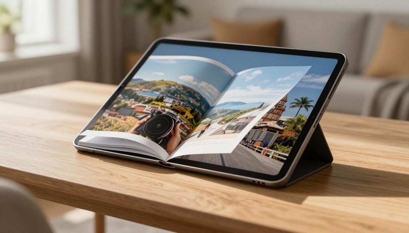 Tablet on an oak coffee table showing an open digital flipbook with a page mid-turn, revealing a travel photograph