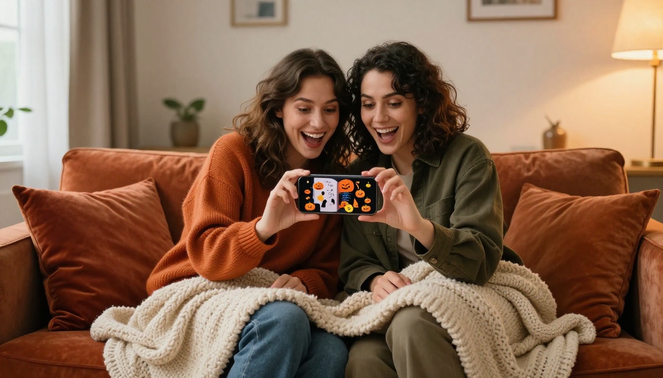 Two friends laughing together while looking at Halloween flipbook invite on smartphone