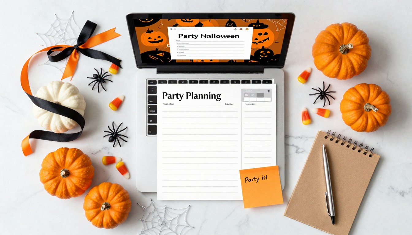 Overhead flat lay of Halloween party planning tools, candy, and laptop on marble surface