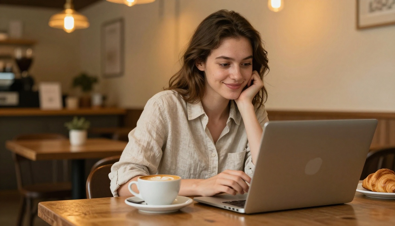 Young woman at a wooden café table with a MacBook open, uploading photos with a latte and croissant beside her