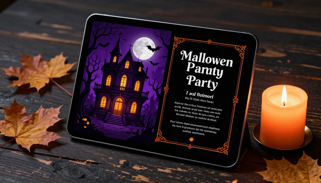 Close-up of iPad showing a two-page Halloween flipbook invitation spread