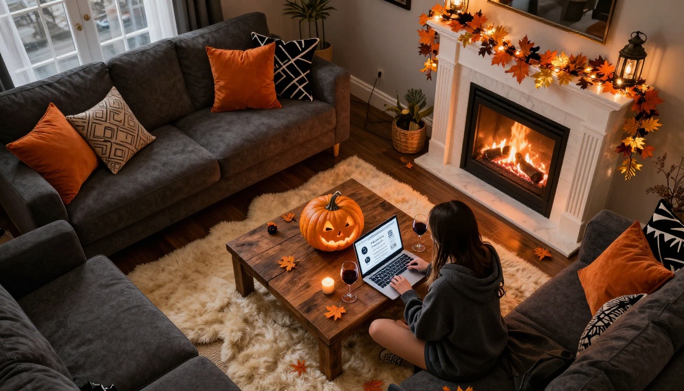 Aerial view of a cozy Halloween-decorated living room with woman designing party invites