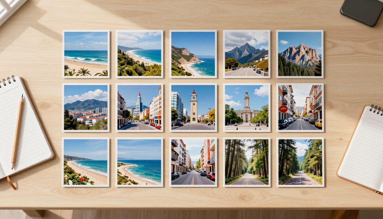 Aerial flat-lay of printed photos arranged in a neat 3x4 grid on a wood desk with a pencil and handwritten notepad