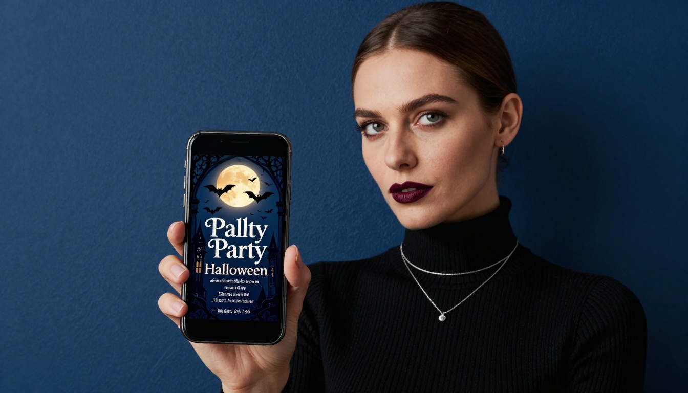 Woman confidently holding smartphone showing Halloween party flipbook invitation