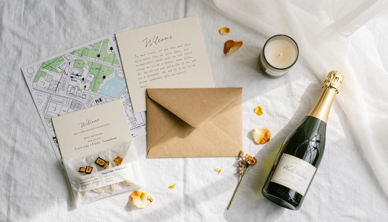 Flat lay of a curated wedding welcome kit spread with kraft envelope, welcome letter, venue map, snacks, and dried flowers on white linen