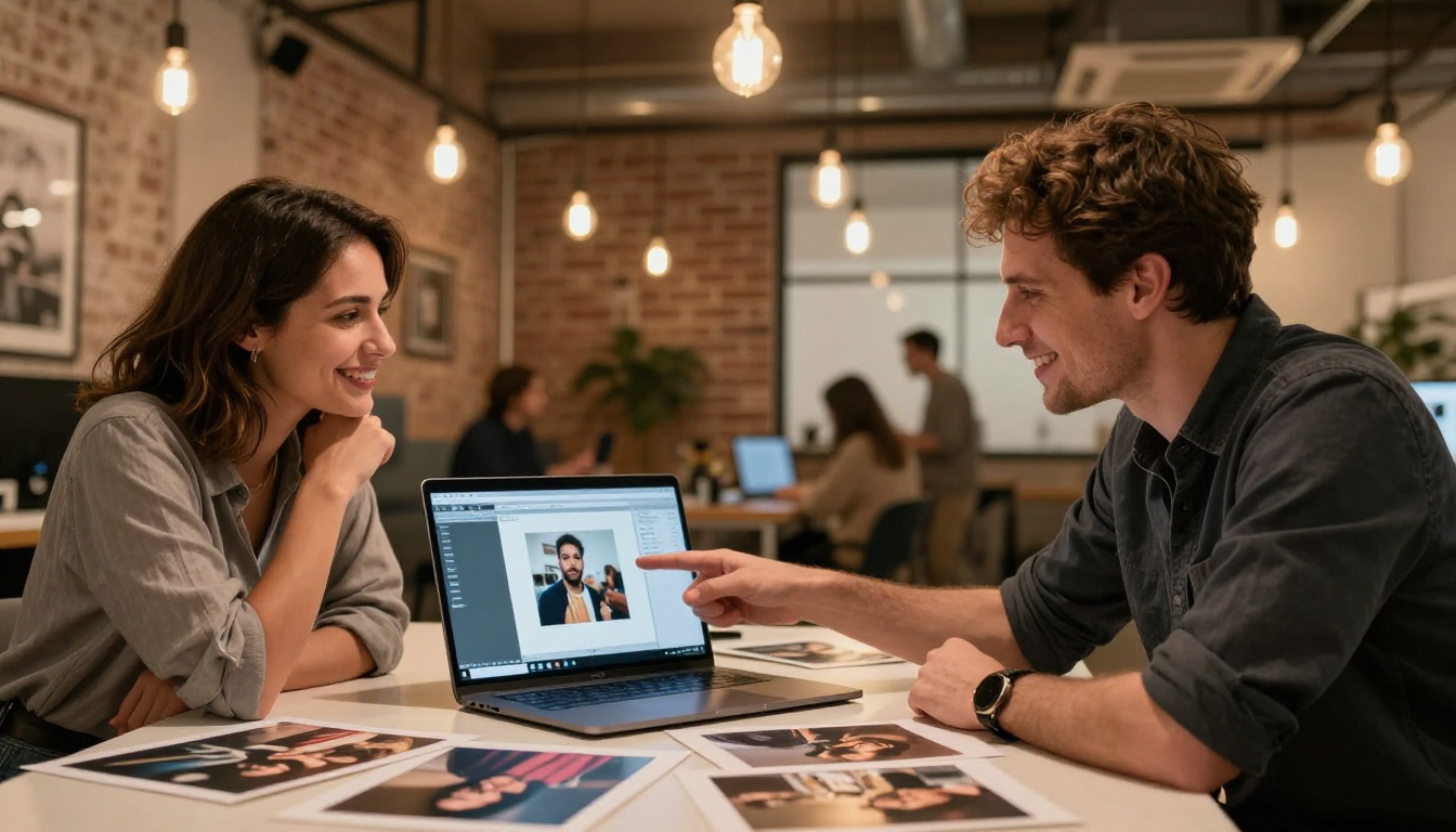 Two people at a modern co-working space with exposed brick walls, one pointing at a laptop while the other looks at printed photos on the table