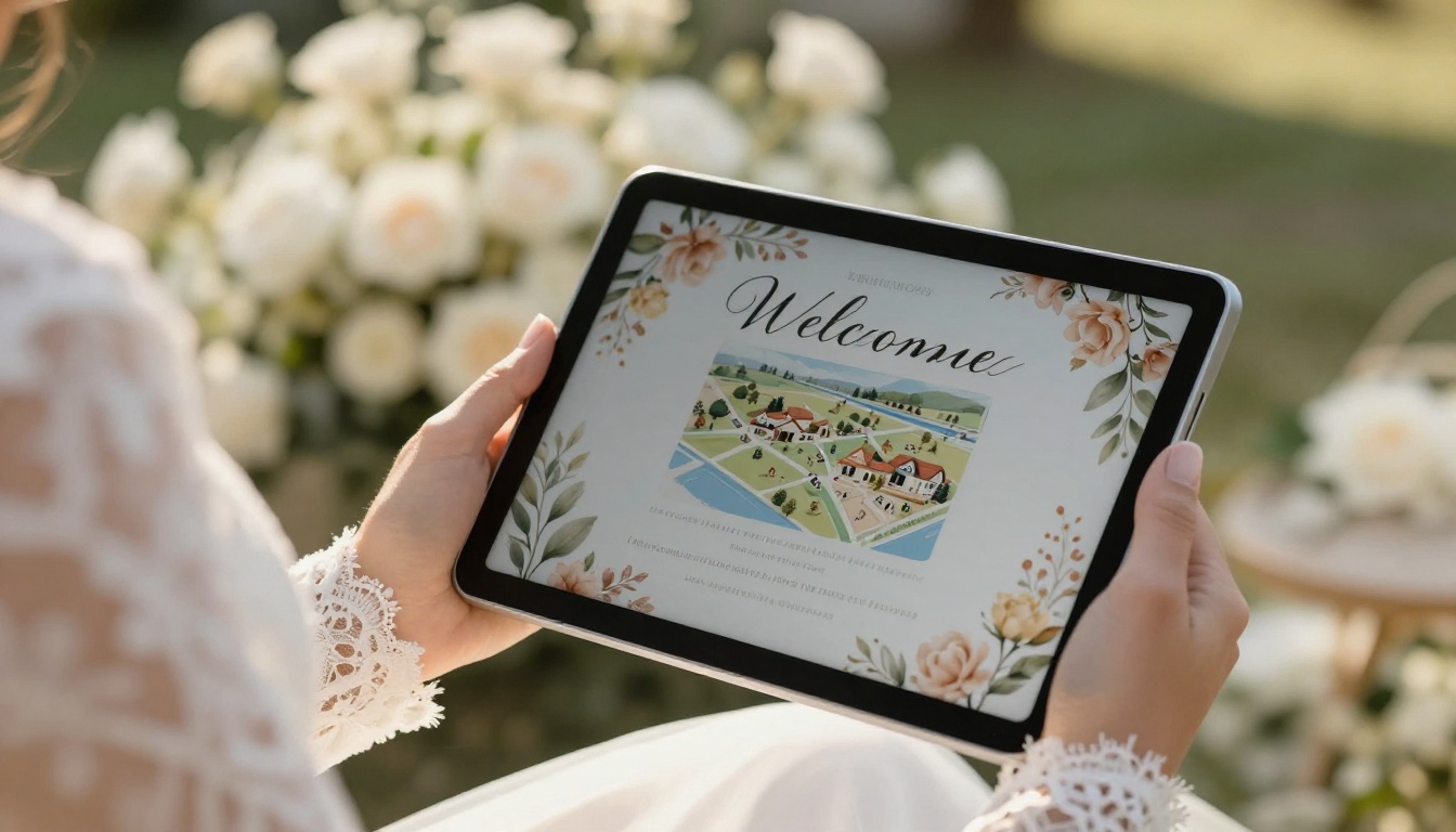 Close-up of a bride's lace-sleeved hands holding a tablet displaying an interactive wedding welcome booklet with elegant typography and a venue map