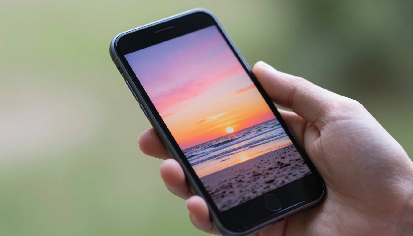 Smartphone held outdoors displaying a digital photo flipbook with a vibrant beach sunset photograph on the open page