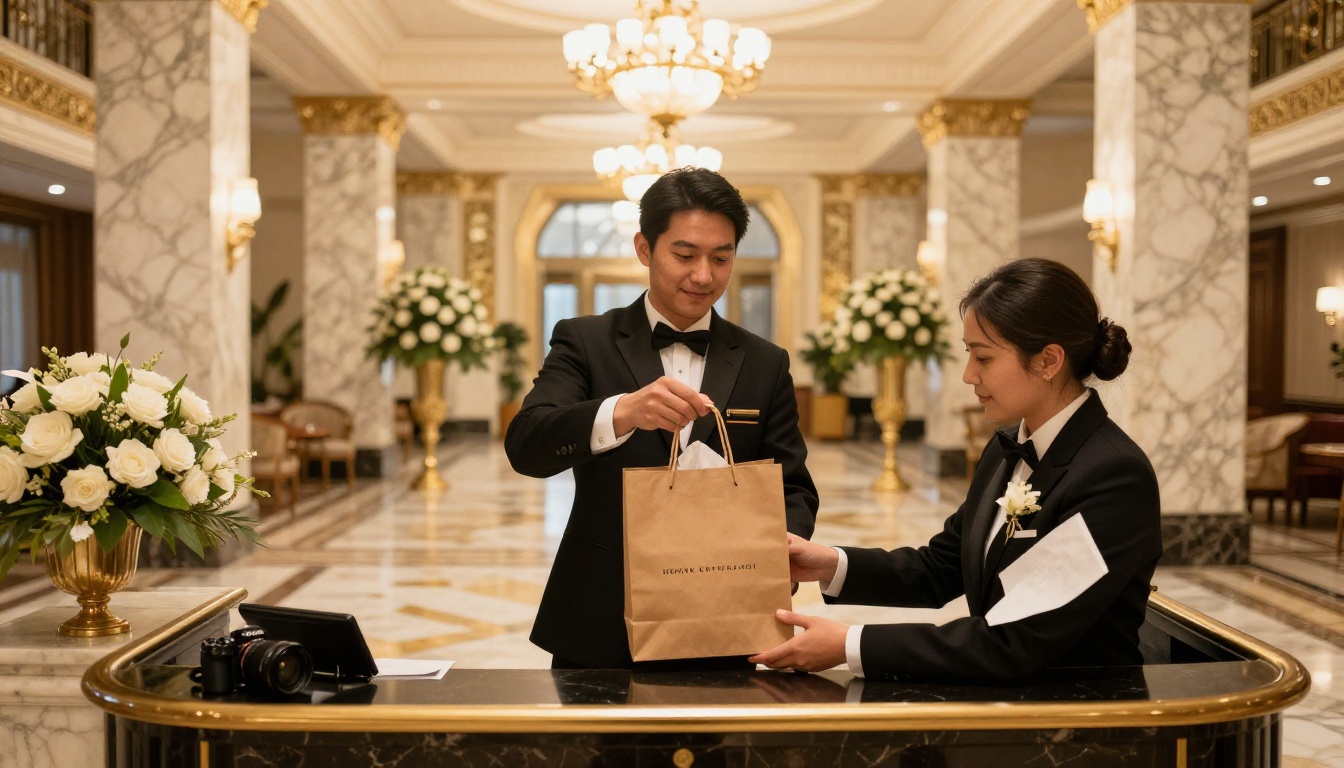 Wide shot of hotel concierge handing a personalized welcome bag with ribbon to a well-dressed wedding guest in a marble lobby with chandelier lighting