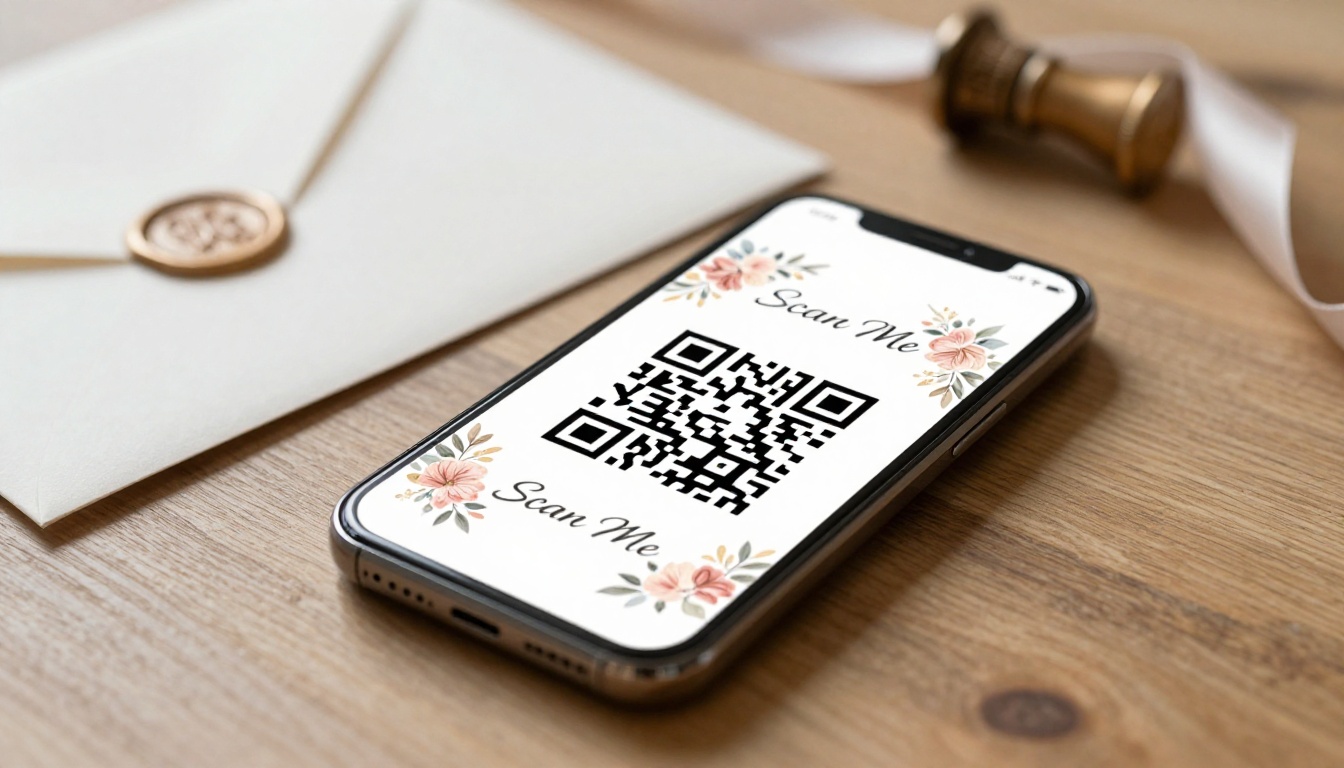 Close-up macro of a smartphone showing a QR code card with floral borders on a wooden table, with a blurred wedding invitation suite in the background
