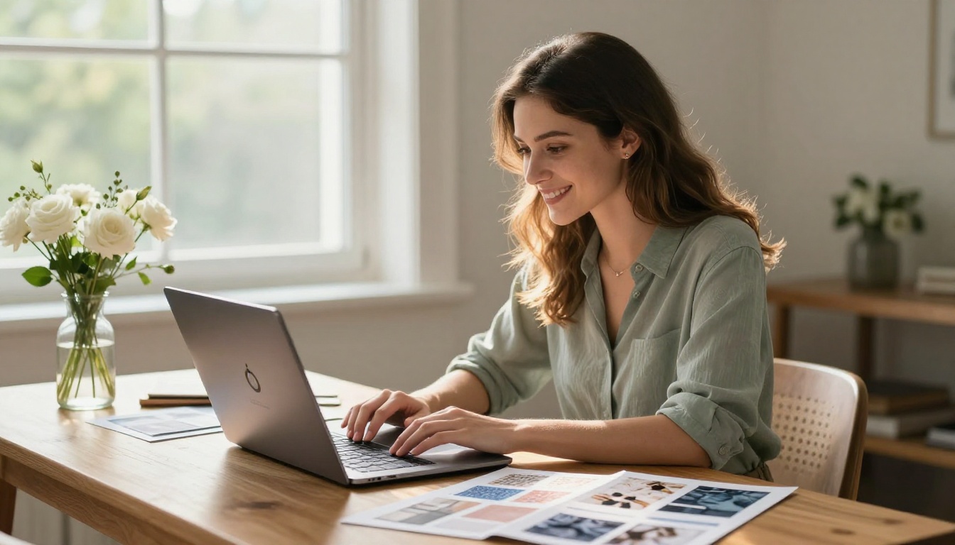 Medium shot of a smiling woman at a wooden desk designing a wedding welcome flipbook on a laptop, surrounded by mood board printouts and white flowers, natural daylight through a window
