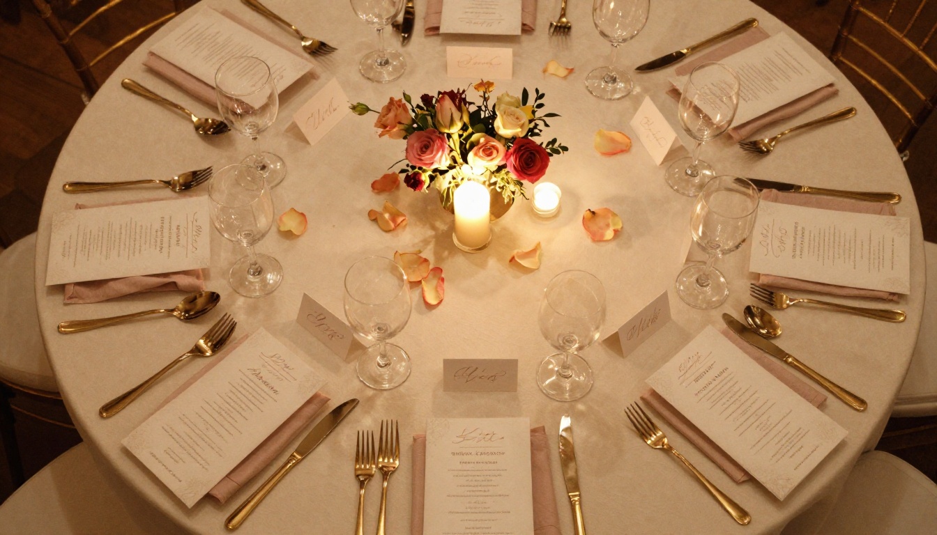 Aerial shot of a wedding reception table with welcome booklets at each place setting, elegant calligraphy name cards, candlelight, ivory linens, gold flatware, and scattered rose petals Aerial shot of a wedding reception table with welcome booklets at each place setting, elegant calligraphy name cards, candlelight, ivory linens, gold flatware, and scattered rose petals