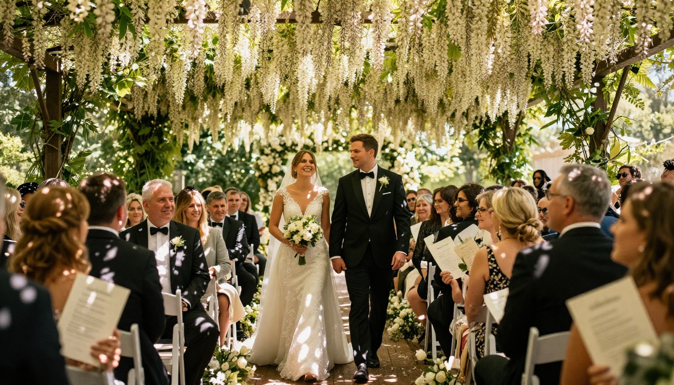 Low angle shot looking up at a couple walking through a flower-lined ceremony aisle, guests on both sides smiling and holding printed wedding program booklets, wisteria canopy above in golden sunlight Low angle shot looking up at a couple walking through a flower-lined ceremony aisle, guests on both sides smiling and holding printed wedding program booklets, wisteria canopy above in golden sunlight