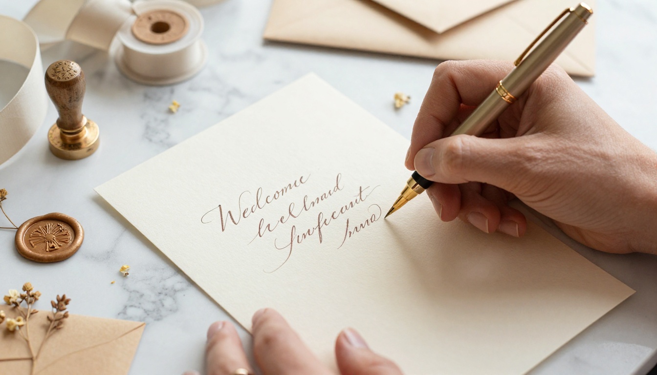 Close-up of elegant hands writing a personalized welcome note on cream cardstock with a gold calligraphy pen, wedding ring visible, marble desk with wax seal stamp and pressed flowers nearby Close-up of elegant hands writing a personalized welcome note on cream cardstock with a gold calligraphy pen, wedding ring visible, marble desk with wax seal stamp and pressed flowers nearby