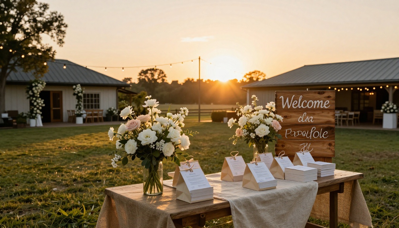 Wide establishing shot of an outdoor wedding venue welcome area at golden hour, rustic wooden welcome sign flanked by white and blush flower arrangements, linen-covered table with kraft welcome bags and string lights overhead Wide establishing shot of an outdoor wedding venue welcome area at golden hour, rustic wooden welcome sign flanked by white and blush flower arrangements, linen-covered table with kraft welcome bags and string lights overhead