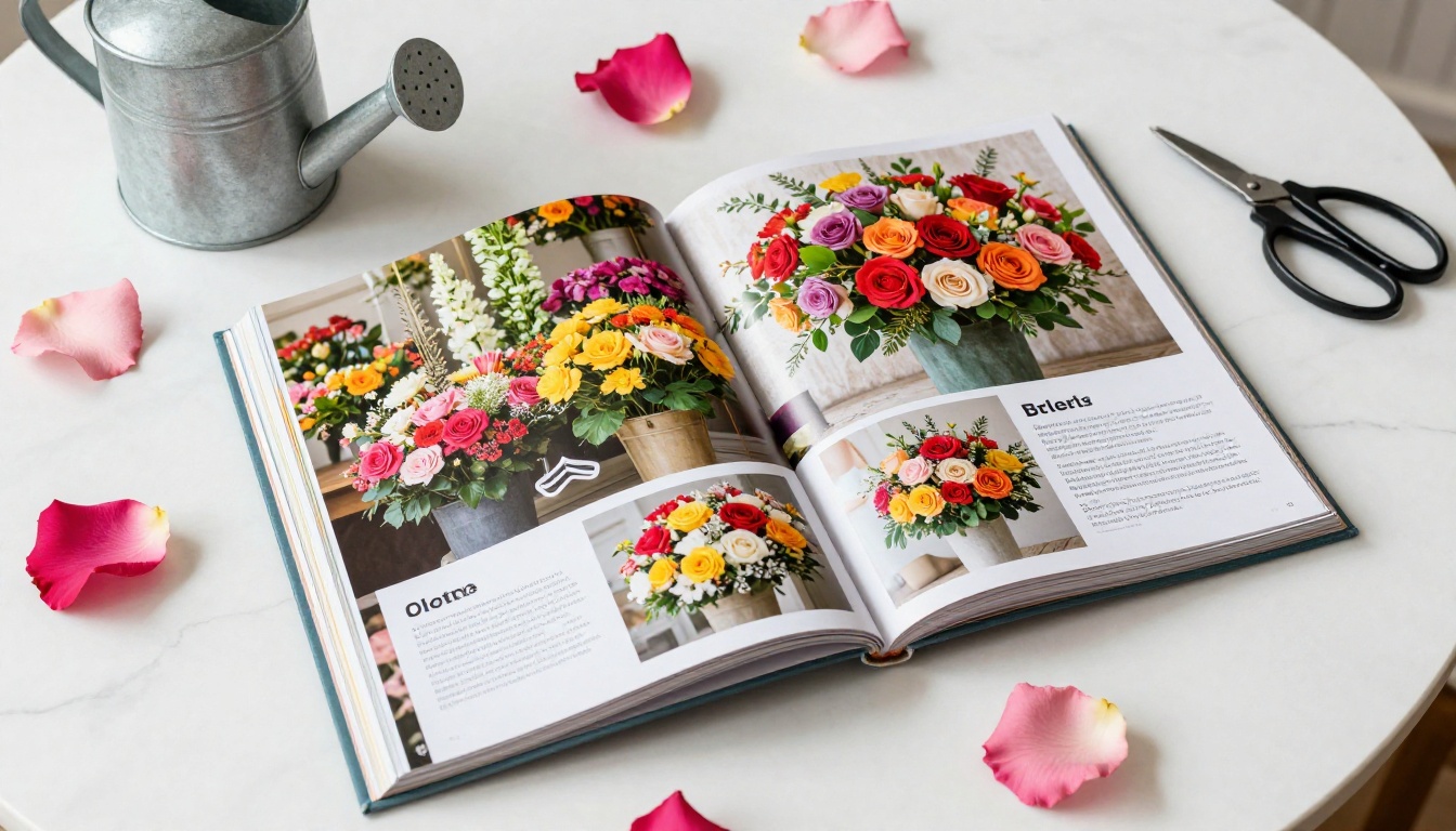 Flower shop catalog spread open on a marble table surrounded by rose petals