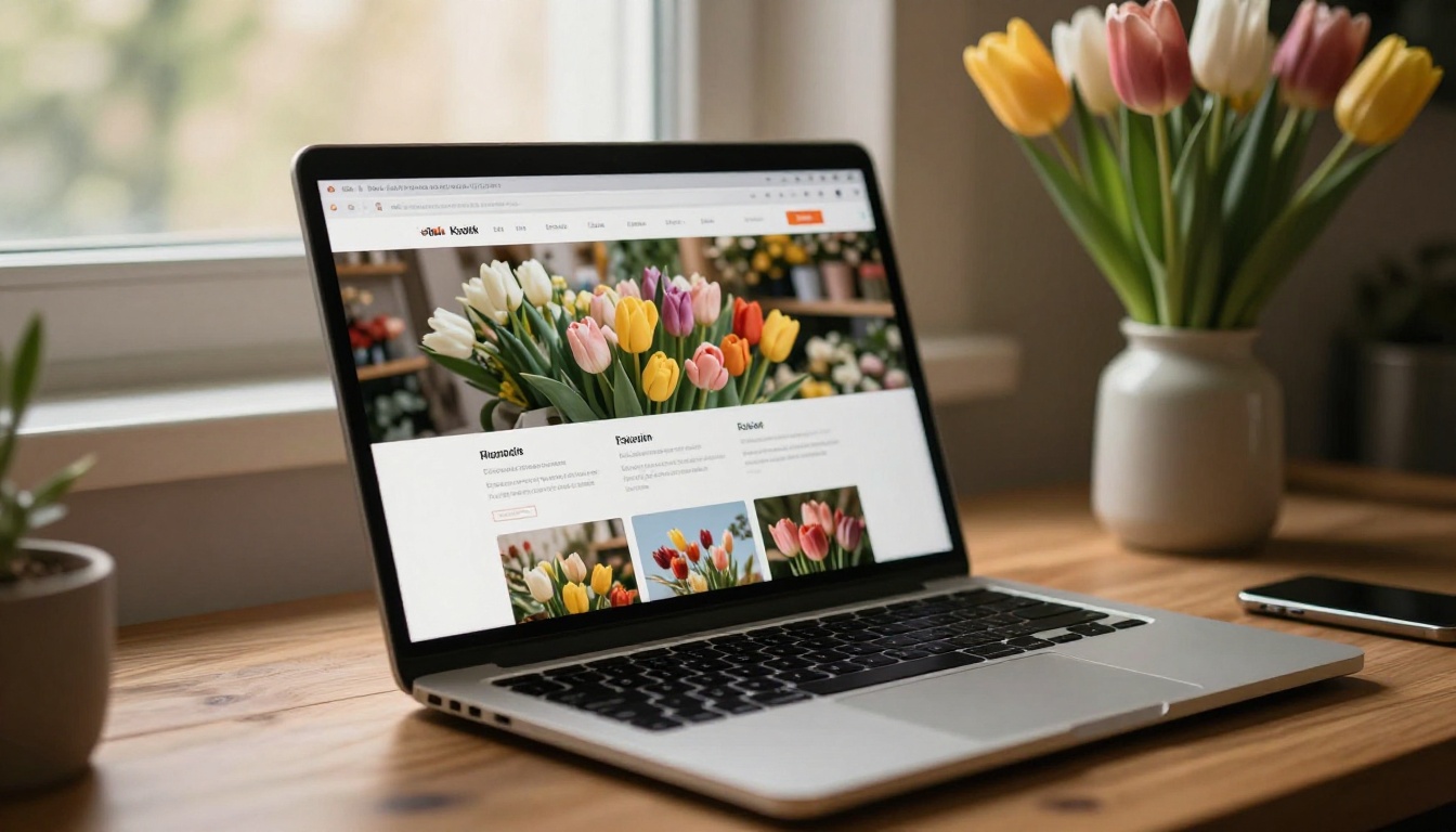 Laptop displaying a digital flower catalog with page-turn effect inside a flower shop