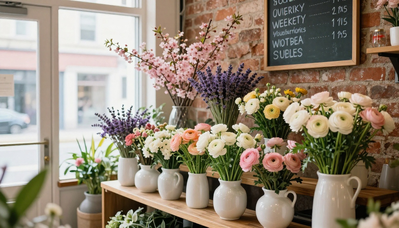 Rustic flower shop interior with spring arrangements on wooden shelves