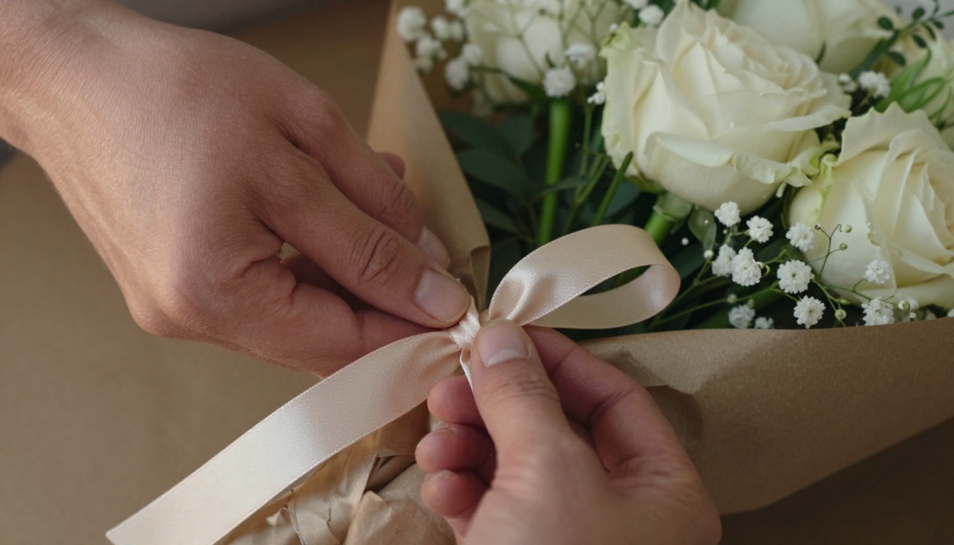 Florist's hands carefully wrapping a bridal bouquet in kraft paper with a satin ribbon