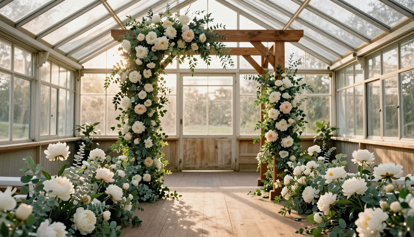 Wide greenhouse-style wedding venue with blush peony arch and eucalyptus garlands