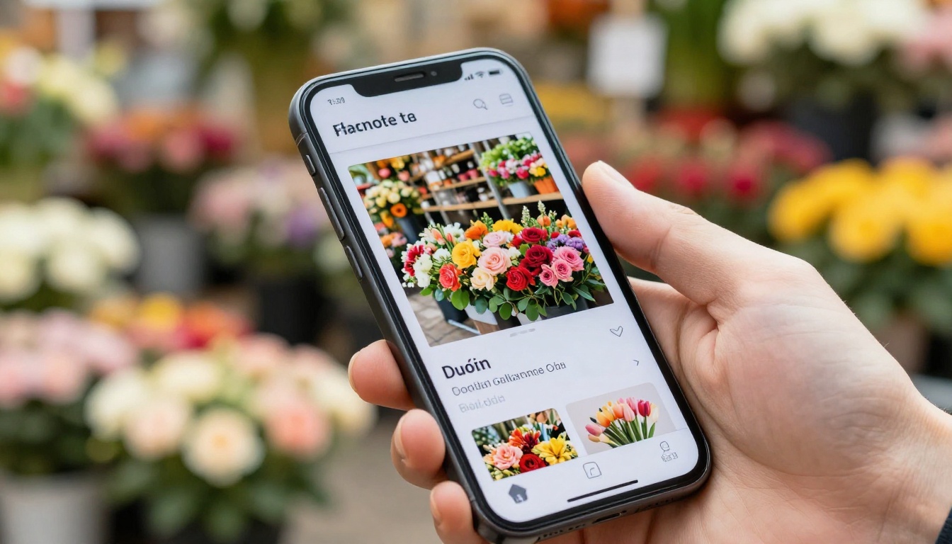 Person holding a smartphone displaying a flower shop digital catalog
