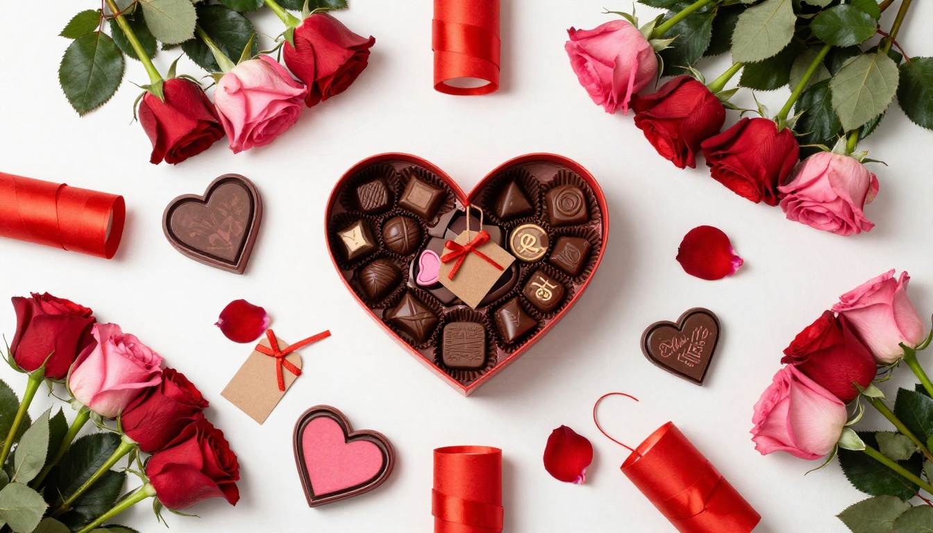 Valentine's Day flat-lay with red and pink roses, chocolates, and ribbons