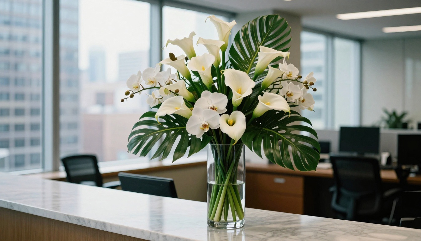 Corporate office reception desk with elegant calla lily arrangement