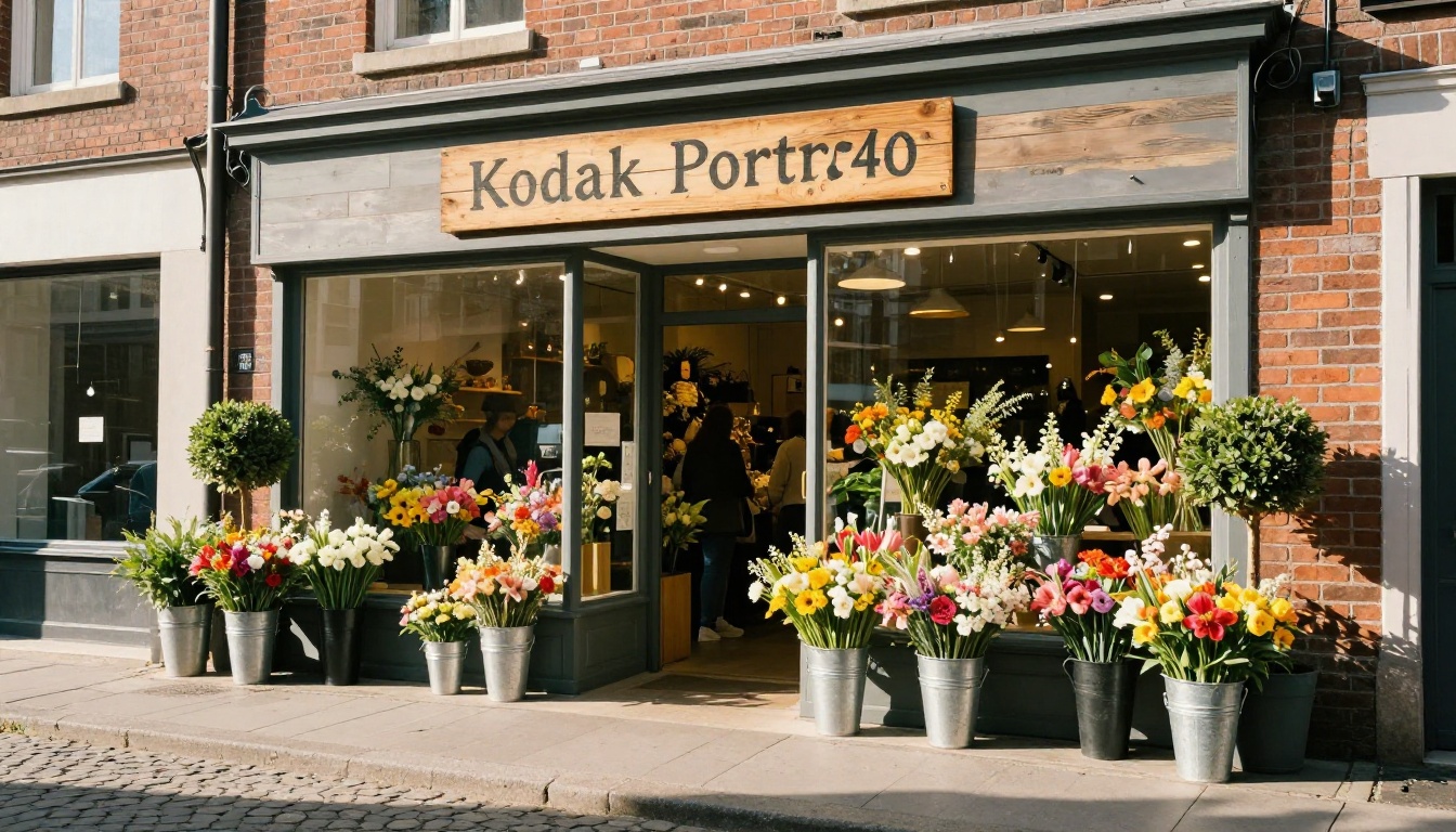 Colorful flower shop storefront exterior on a sunny afternoon
