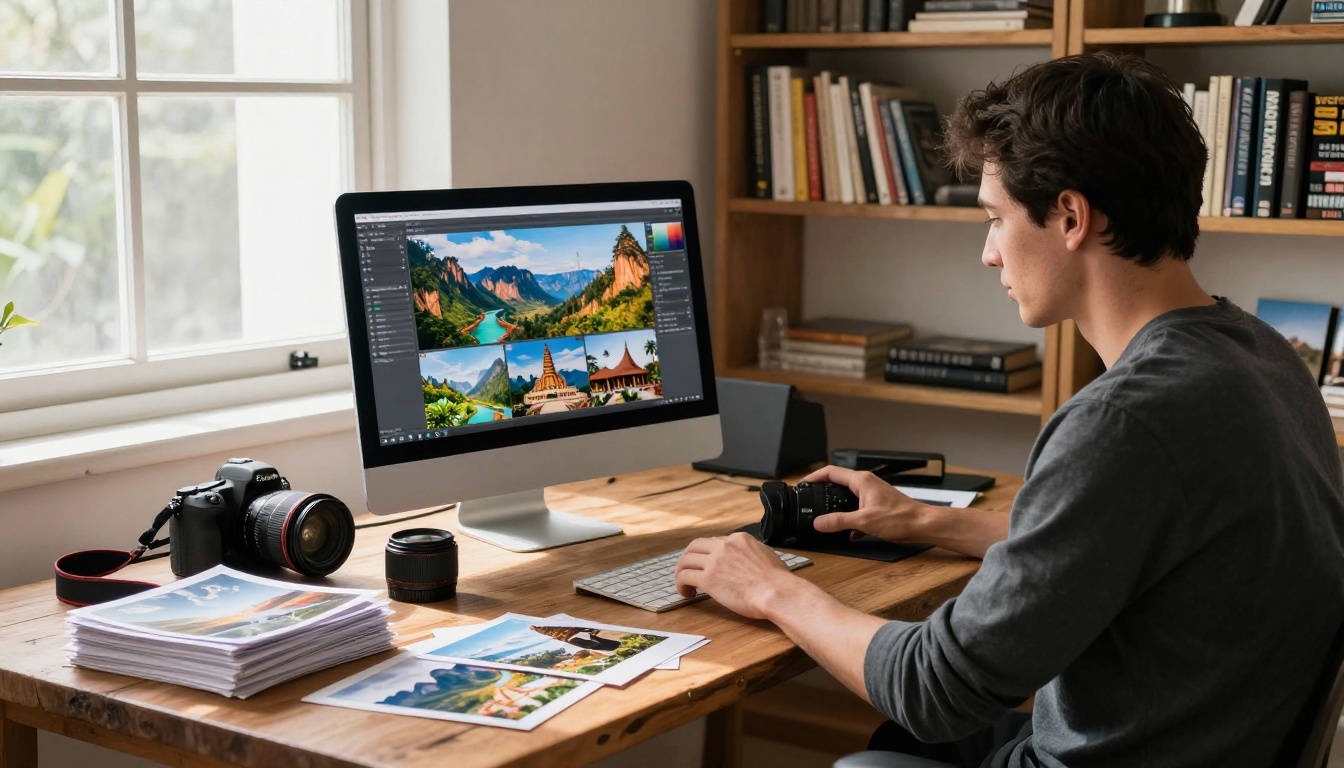 Travel photographer reviewing destination photos at studio desk