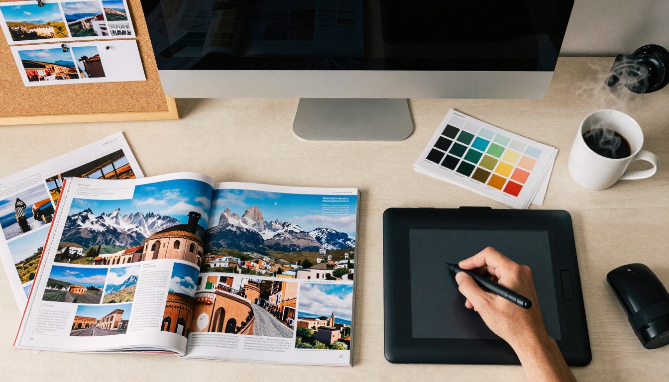 Creative designer working on dual-monitor magazine layout in studio