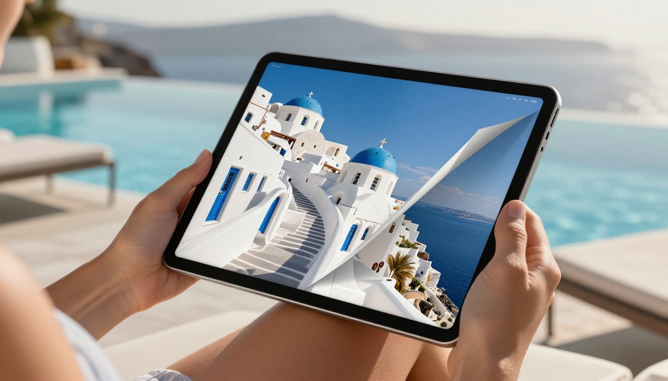 Woman holding iPad showing travel magazine flipbook mid page-turn at infinity pool
