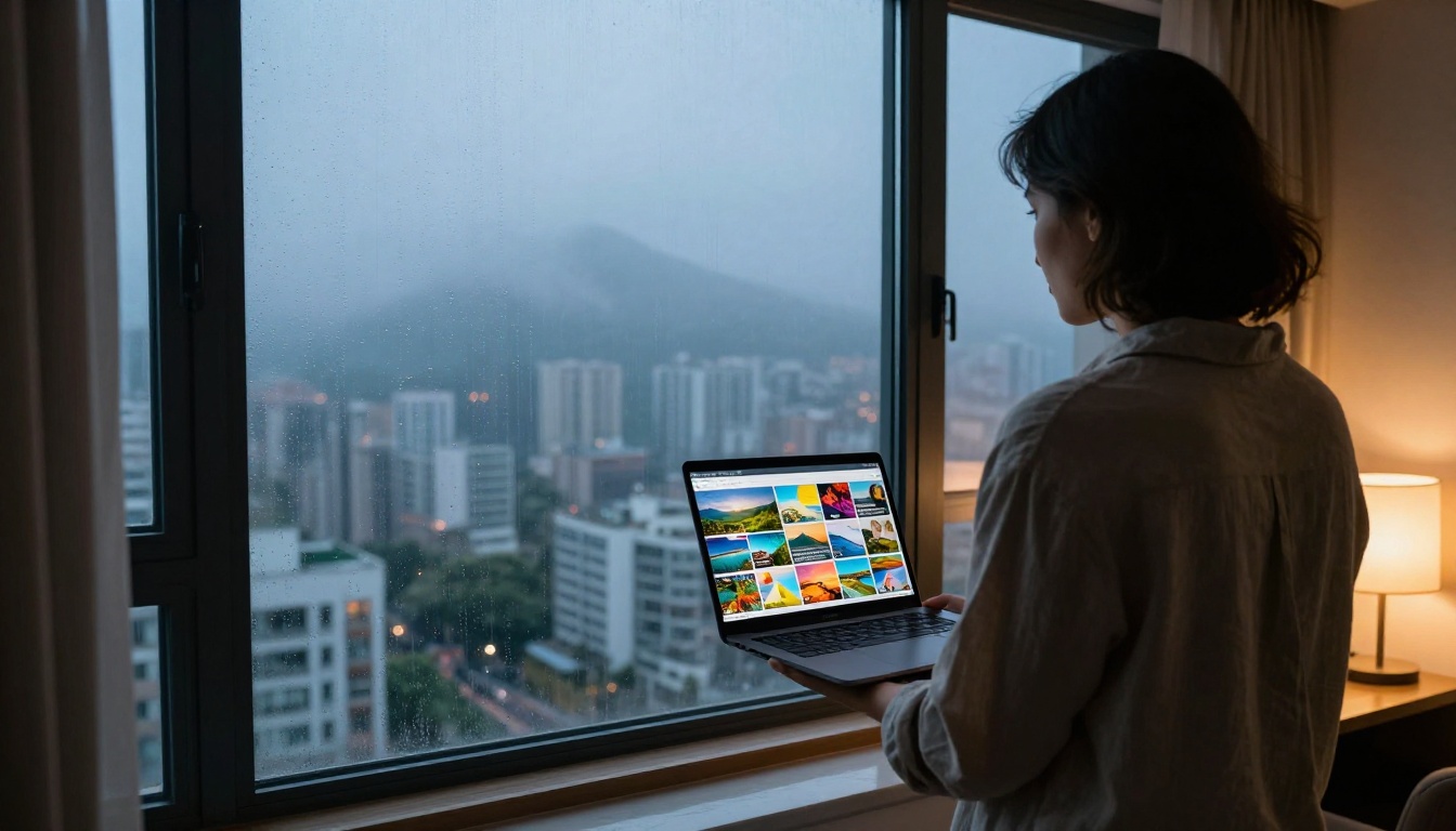 Travel content creator at floor-to-ceiling window with laptop showing flipbook interface