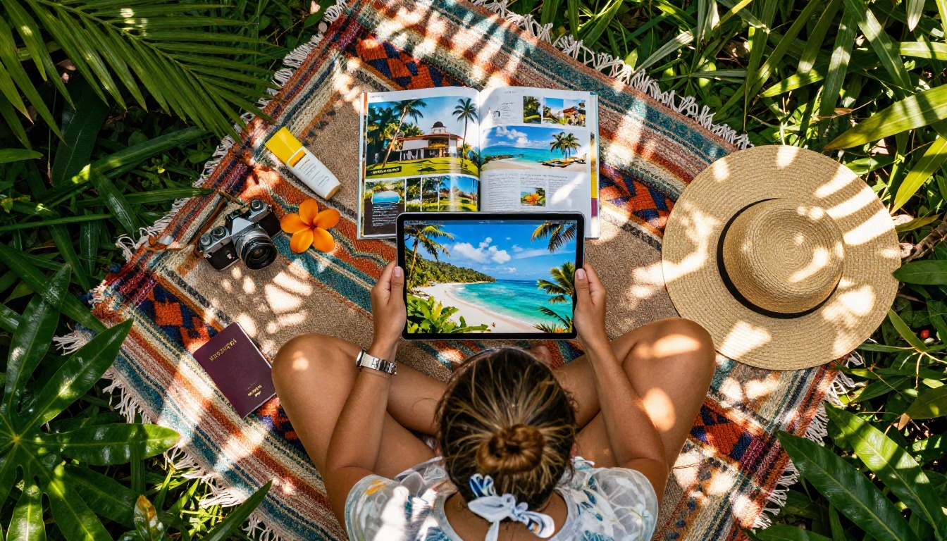 Traveler from above with iPad and travel accessories spread on tropical blanket