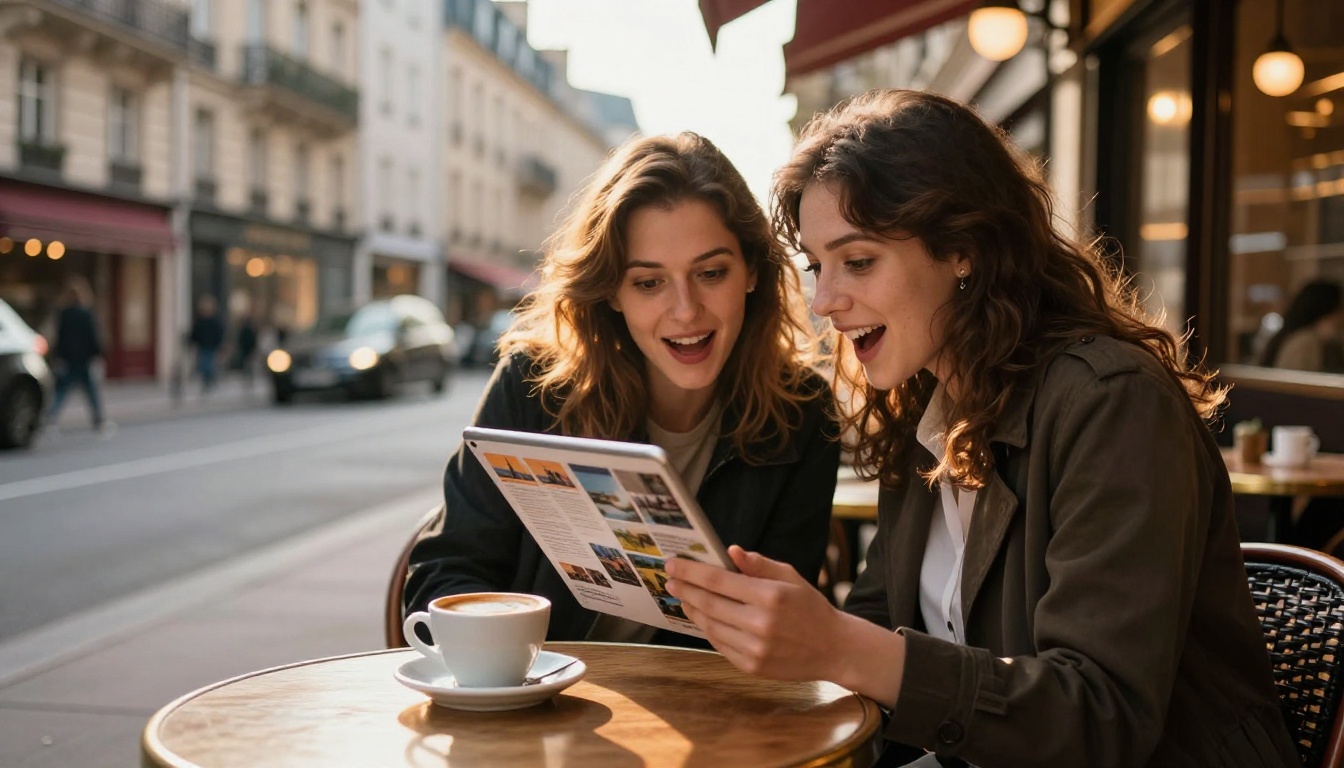Two friends at Parisian café sharing travel flipbook magazine on tablet together Two friends at Parisian café sharing travel flipbook magazine on tablet together