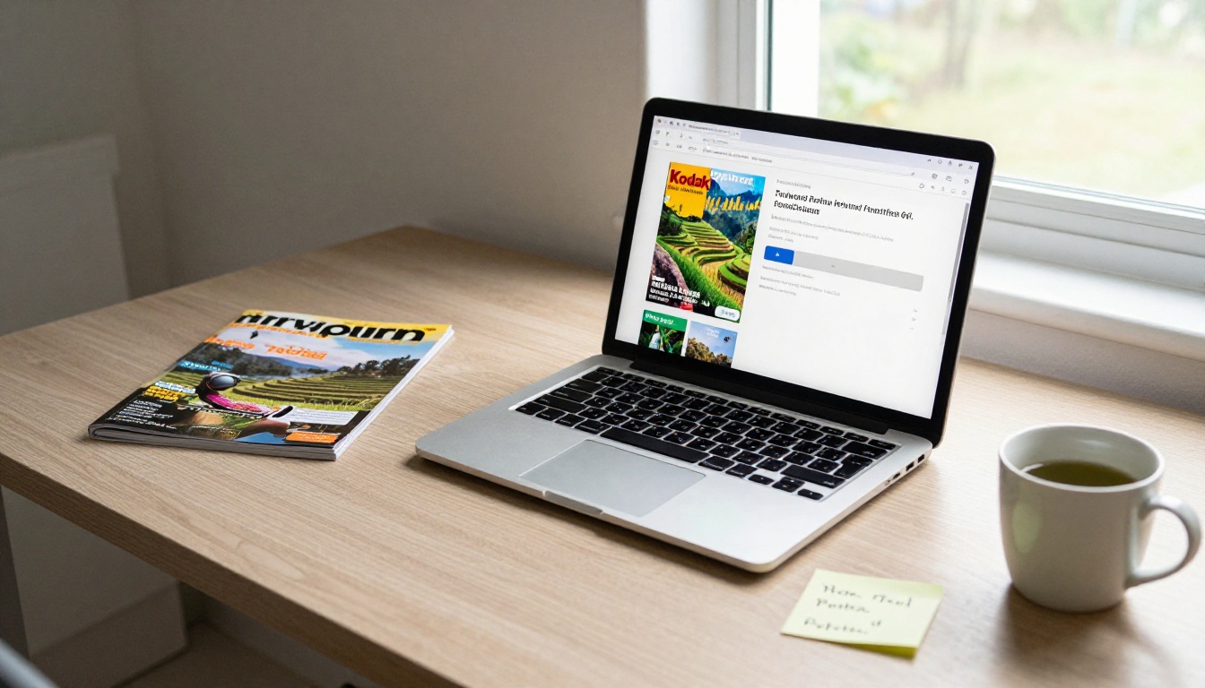 Home office desk with laptop showing travel magazine PDF being uploaded Home office desk with laptop showing travel magazine PDF being uploaded