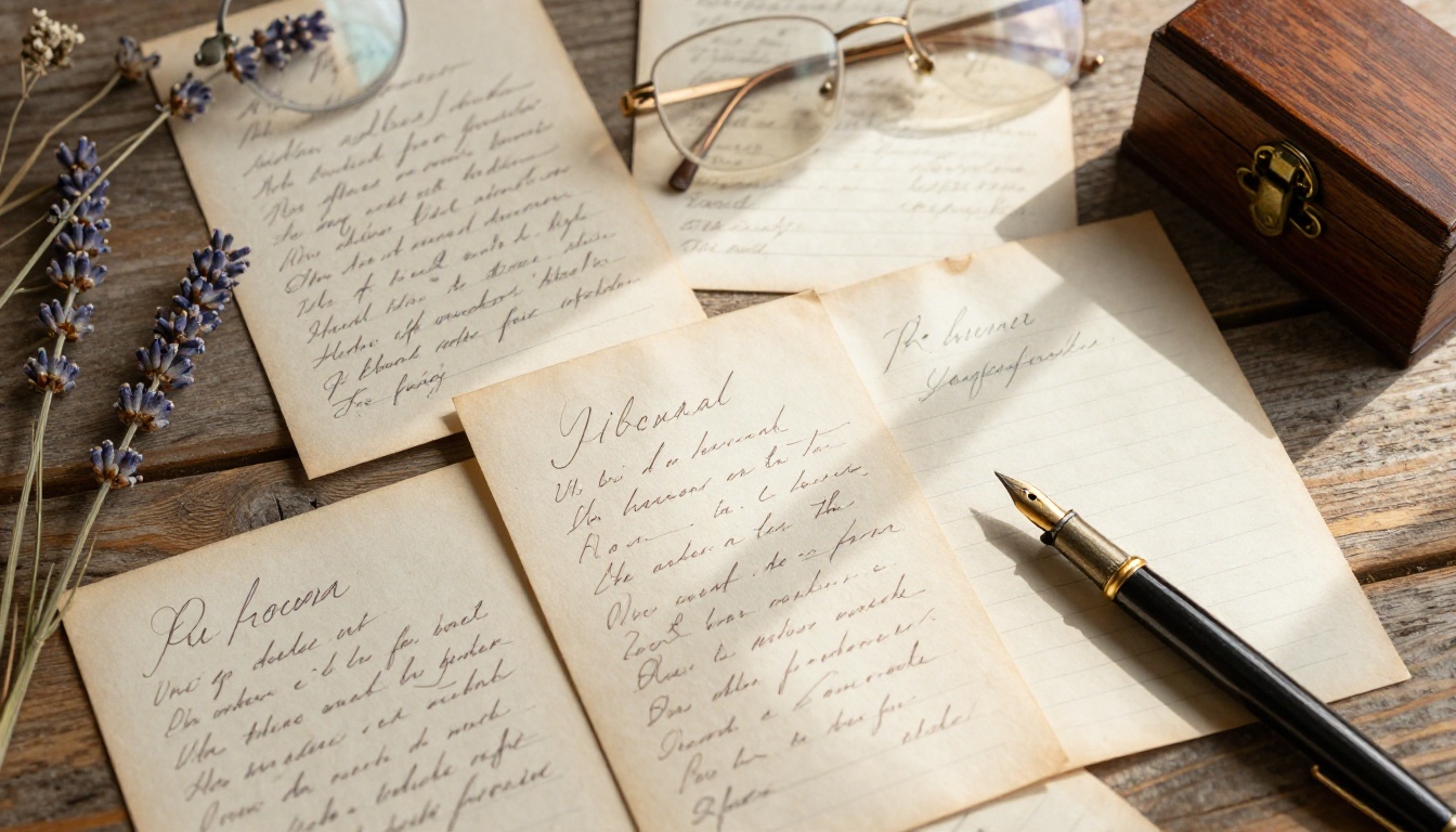 Vintage handwritten recipe cards scattered across a rustic wooden table with dried herbs and an antique fountain pen Vintage handwritten recipe cards scattered across a rustic wooden table with dried herbs and an antique fountain pen