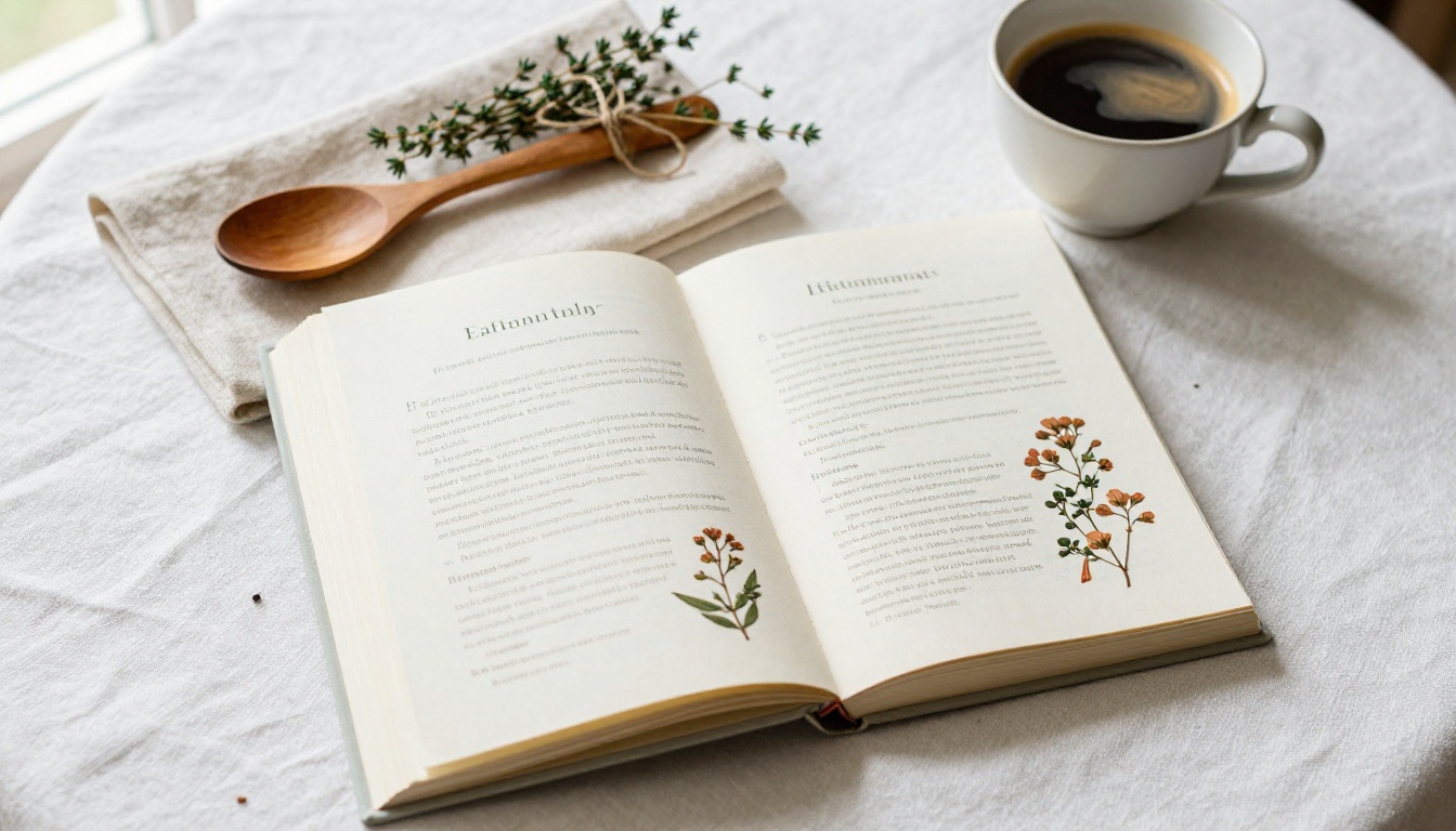 Open cookbook on a white linen tablecloth with a wooden spoon, coffee, fresh thyme, and soft morning window light Open cookbook on a white linen tablecloth with a wooden spoon, coffee, fresh thyme, and soft morning window light