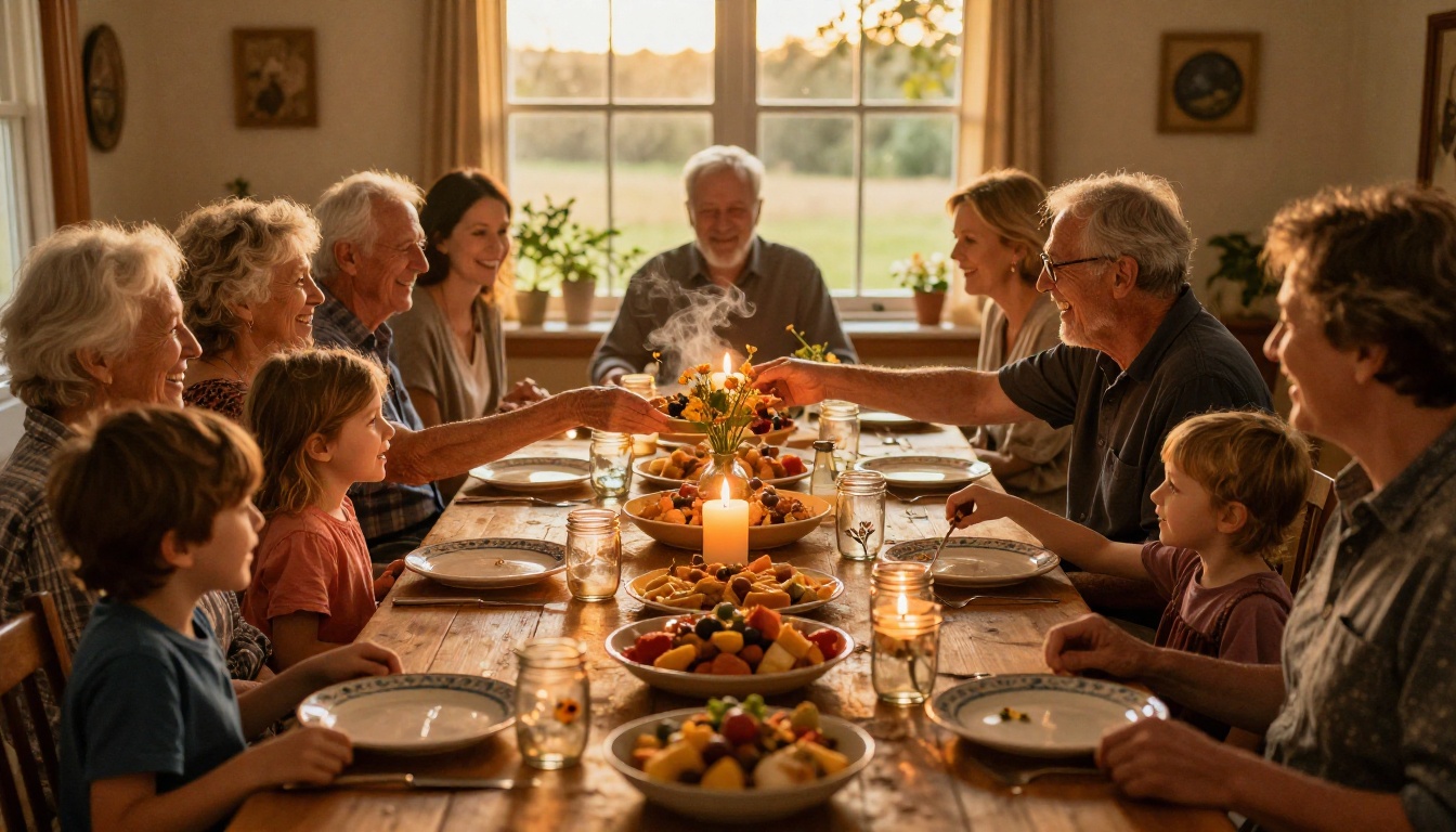 Multigenerational family gathered around a long farmhouse dinner table, passing dishes and laughing in warm golden-hour light Multigenerational family gathered around a long farmhouse dinner table, passing dishes and laughing in warm golden-hour light