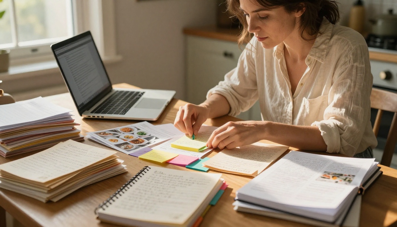 Woman sitting at a kitchen table organizing handwritten recipe cards, notebooks, and photos under warm late afternoon light Woman sitting at a kitchen table organizing handwritten recipe cards, notebooks, and photos under warm late afternoon light