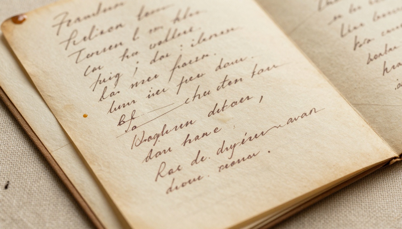 Close-up macro shot of aged handwritten recipe notes on yellowed crinkled paper with faded cursive ink and vanilla stains Close-up macro shot of aged handwritten recipe notes on yellowed crinkled paper with faded cursive ink and vanilla stains