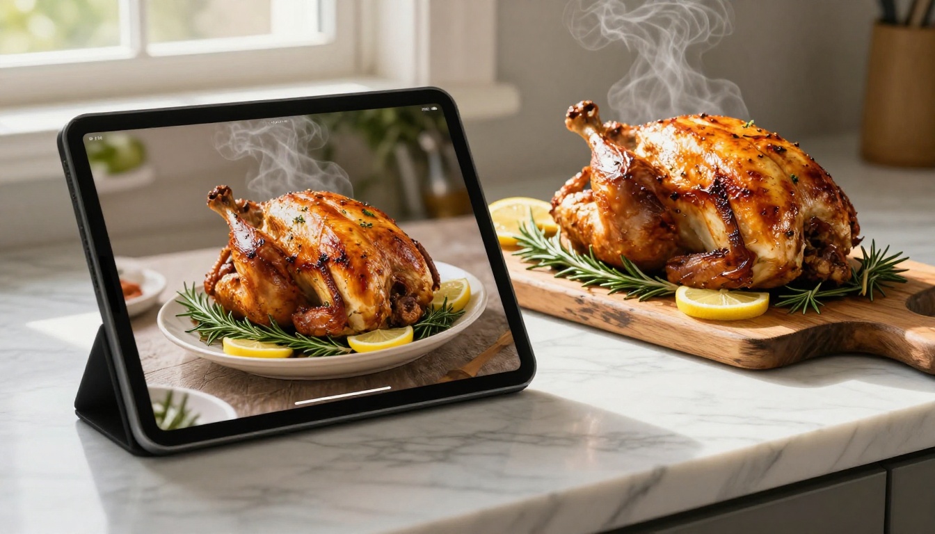 Digital tablet on a marble counter showing a page-flip digital cookbook beside a golden roast chicken on a wooden board with steam rising Digital tablet on a marble counter showing a page-flip digital cookbook beside a golden roast chicken on a wooden board with steam rising